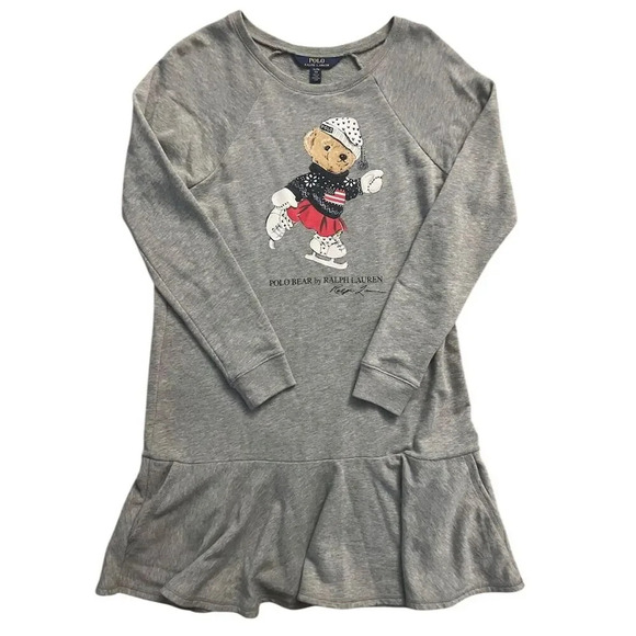 Polo Ralph Lauren Other - Polo Ralph Lauren Girls XL/TG (16) Gray Ice Skating Bear Dress Long Sleeve